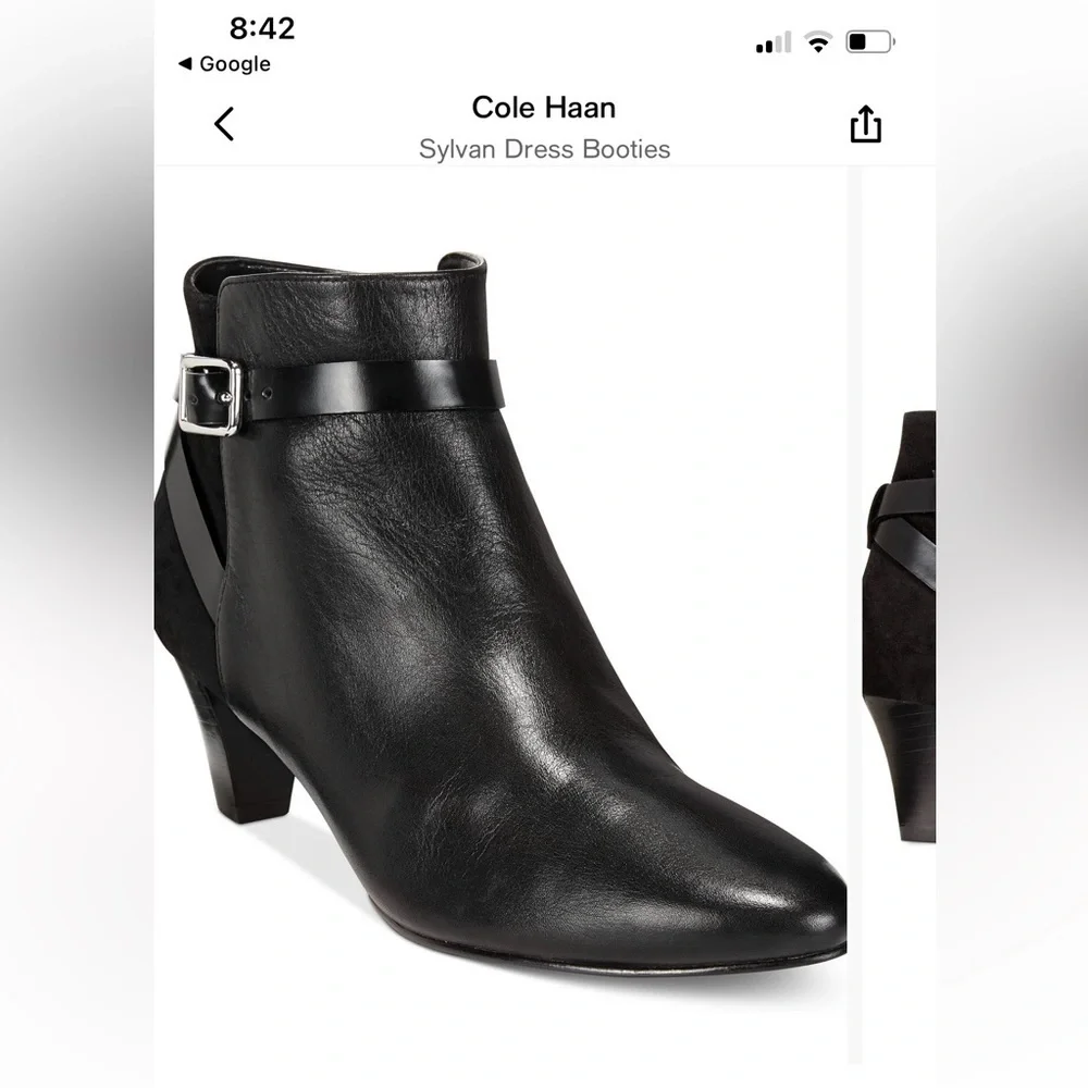 Cole Haan Sylvan Black Leather Suede Ankle Booties w Buckled Belt Hardware